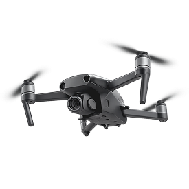 A drone in flight seen from below against a transparent background